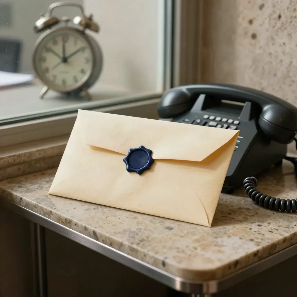Payment envelope presses a stopped clock beside a dark phone on a travertine side table.