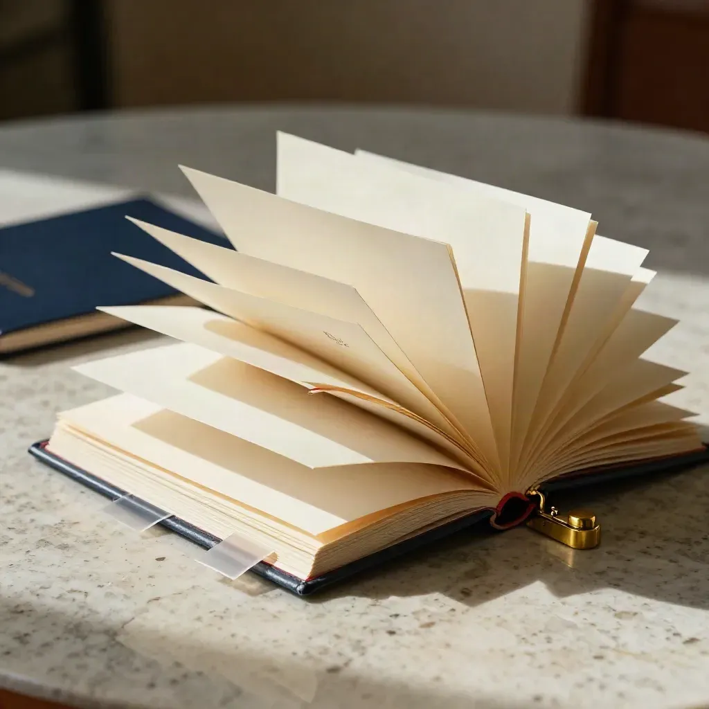 Legal review packet with paper tabs on travertine in warm window light