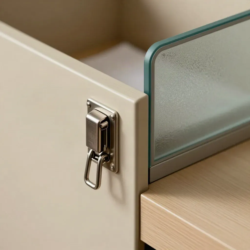 Locked file box by frosted glass divider and teal privacy screen on a clean desk