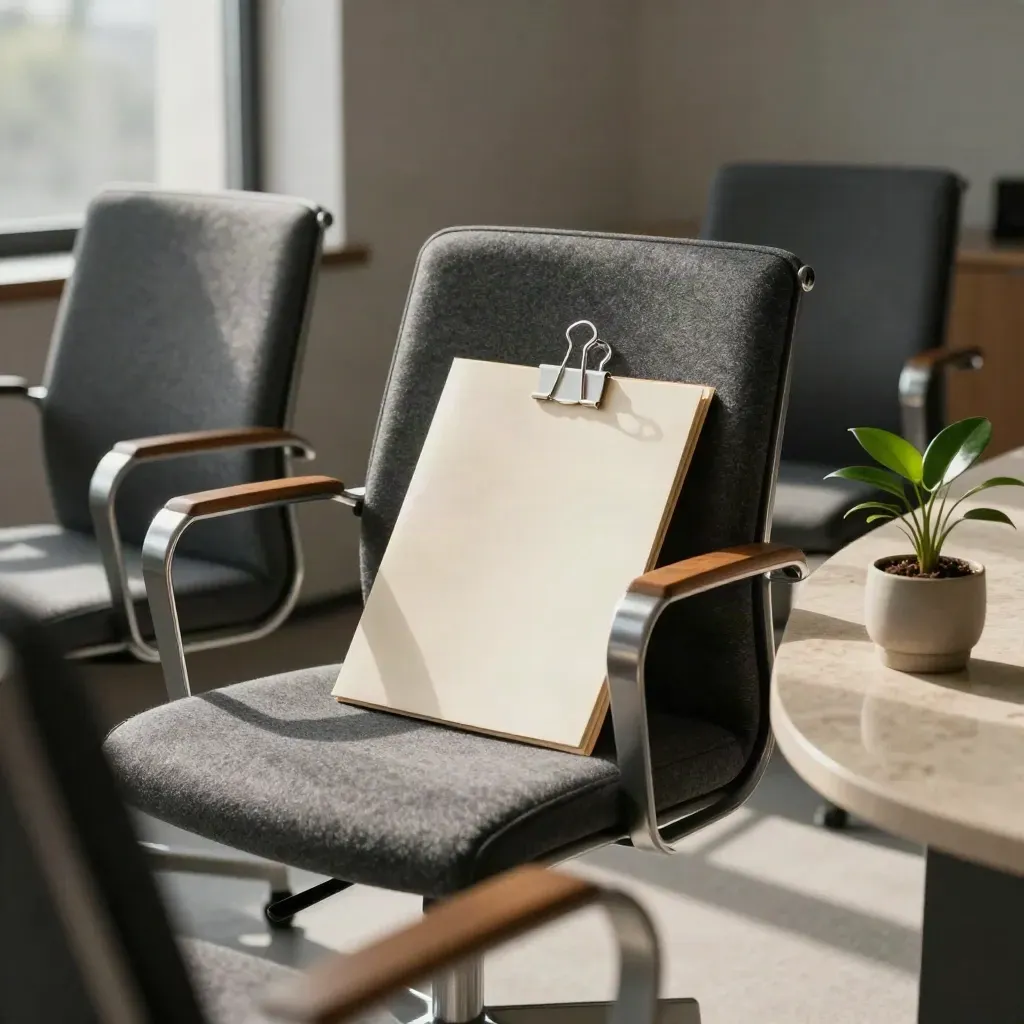 Empty interview chairs, a closed onboarding folder, and a plant in morning light.