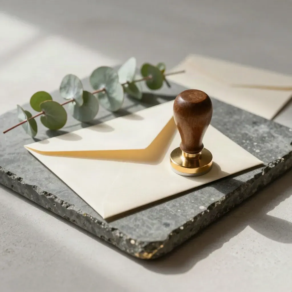 Seal embosser with envelope, eucalyptus, and stone tray in calm legal still life.