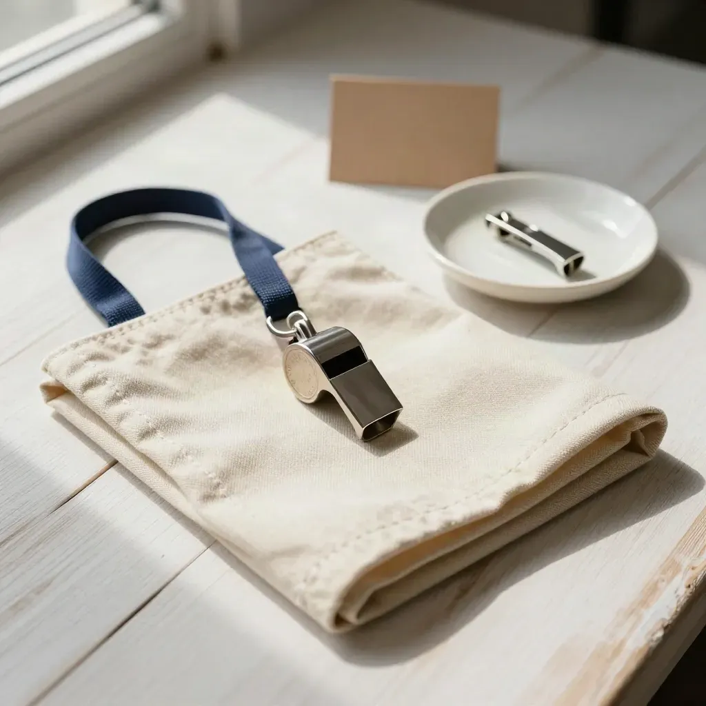 Safety whistle, apron, lanyard clip, and ceramic dish on pale wood.